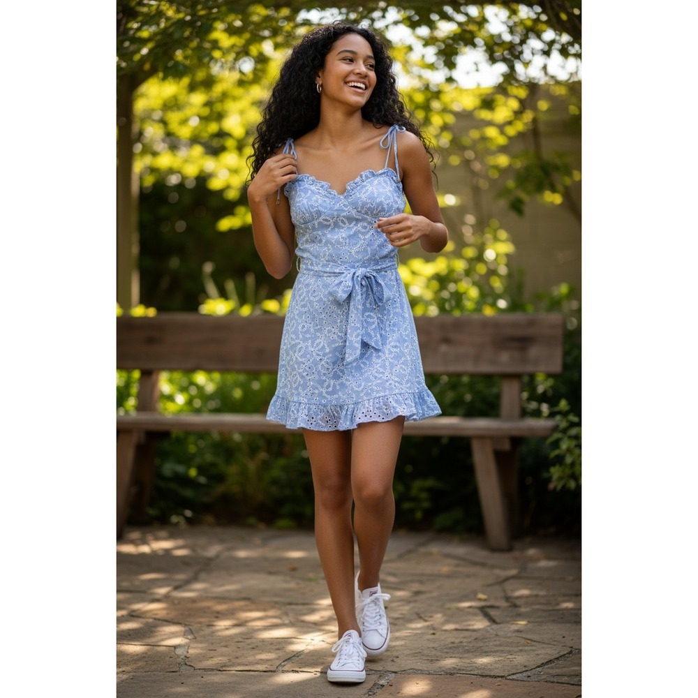 Angel Biba Blue Floral Eyelet Bustier Romper Ruffle Hem Cotton Womens Size Large
